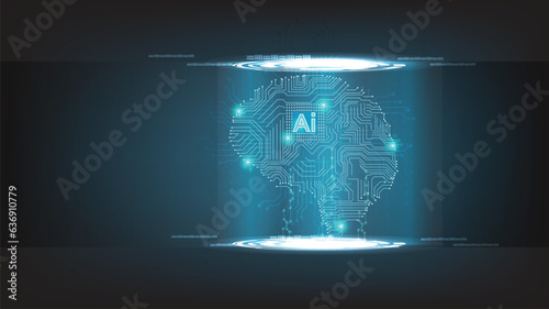 Abstract human head with a line brain network.circle and electricity with blue electronic cycle.Digital data,ai,science.Vector Technology background and Artificial intelligence concept.