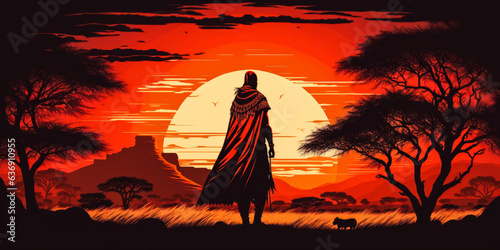 Striking Maasai warrior in ceremonial attire, standing amidst savannah with a melting sunset background. Ideal for fashion branding or cultural exchanges.