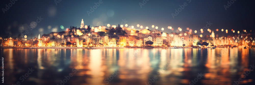 Enchanting, softly blurred panorama of a holiday seaside resort aglow with evening light and mesmerizing bokeh effect.