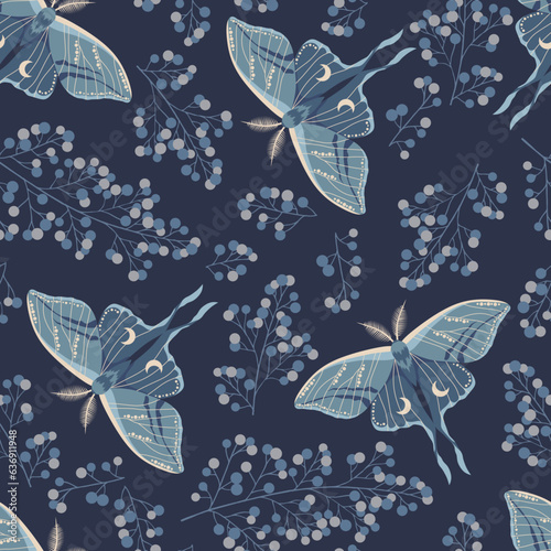 Seamless magic blue vector pattern. Moon moth, herbs. Bohemian fabric design. Contemporary composition.