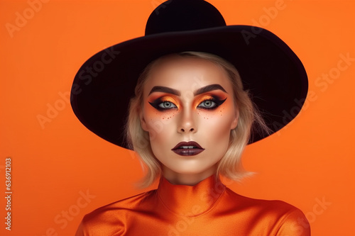 portrait of a woman with creative Halloween makeup, has a creepy look, a woman in a halloween costume, empty space on an orange background. A woman is preparing for the day of the dead. Generative AI.