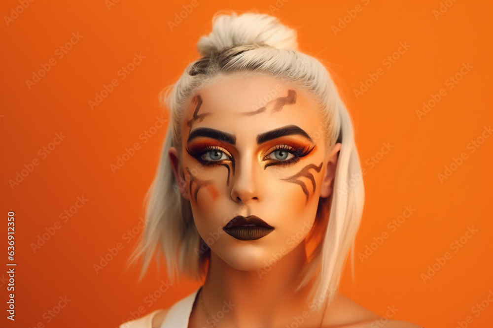 portrait of a woman with creative Halloween makeup, has a creepy look, a woman in a halloween costume, empty space on an orange background. A woman is preparing for the day of the dead. Generative AI. portrait of a woman with creative Halloween makeup, has a creepy look, a woman in a halloween costume, empty space on an orange background. A woman is preparing for the day of the dead. Generative AI.