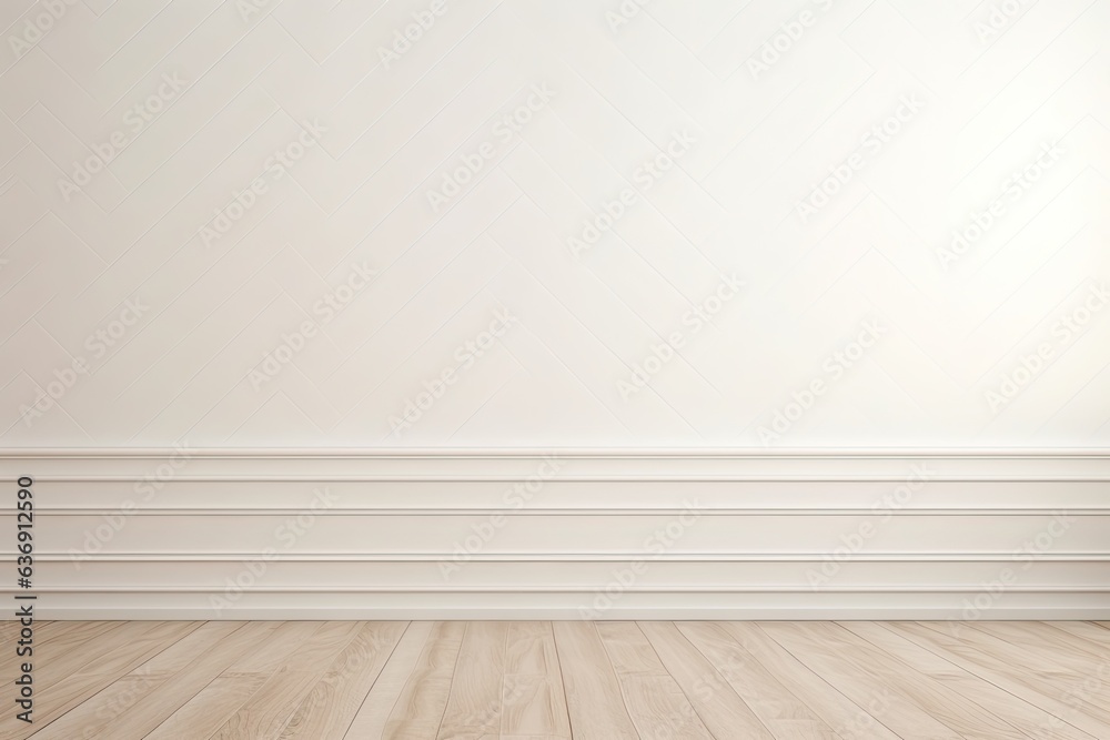 Empty White classic wall background with copy space, mock up room, beige colour parquet floor Empty White classic wall background with copy space, mock up room, beige colour parquet floor