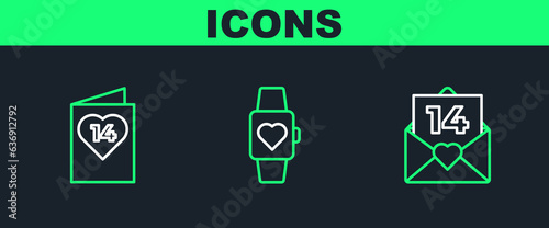 Set line Envelope with Valentine heart, Valentines day flyer and Heart the center wrist watch icon. Vector