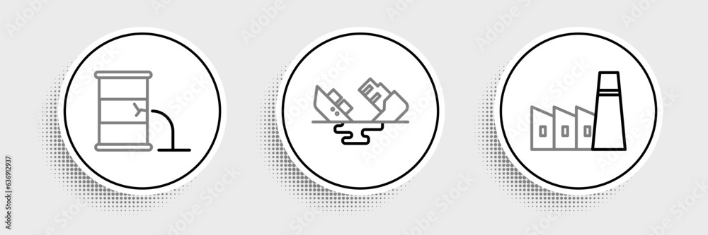 Set line Oil industrial factory building, Barrel oil leak and Wrecked tanker ship icon. Vector Set line Oil industrial factory building, Barrel oil leak and Wrecked tanker ship icon. Vector