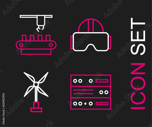 Set line Server, Data, Web Hosting, Wind turbine, Virtual reality glasses and Factory conveyor system belt icon. Vector