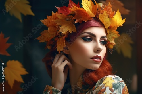 autumn portrait of a woman with a wreath of leaves on her head. art portrait. fashion and beauty. autumn. generative ai