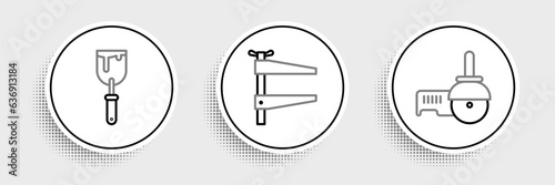 Set line Angle grinder, Putty knife and Clamp tool icon. Vector