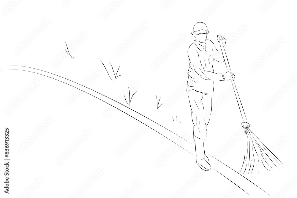 Fototapeta premium park or road no face sweeper man, simple hand draw sketch, isolated on white