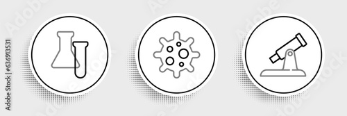Set line Telescope, Test tube and flask and Virus icon. Vector