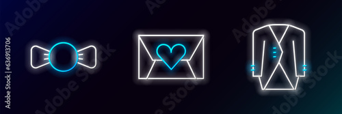 Set line Suit, Bow tie and Envelope with Valentine heart icon. Glowing neon. Vector