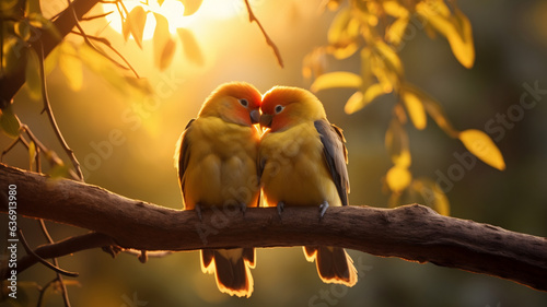 A pair of lovebirds cuddling on a tree branch. AI Generative.