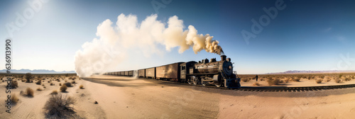 Spectacular desert panorama with a powerful locomotive thundering towards the viewer, encapsulating the essence of American wilderness.