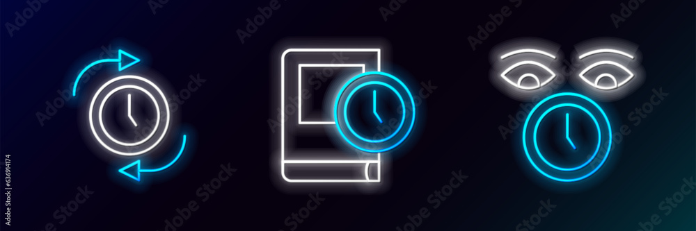 Set line Clock, with arrow and Time for book icon. Glowing neon. Vector Set line Clock, with arrow and Time for book icon. Glowing neon. Vector