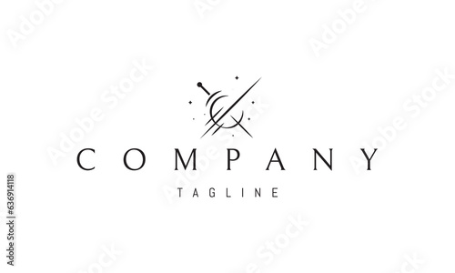 Vector logo on which an abstract image of a sword piercing the planet against the background of stars.