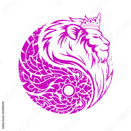 Rubber stamp yin yang symbol grunge edge. White lion queen head and pink Thai art pattern. Design for a emblem, logo or icon. Vector illustration.