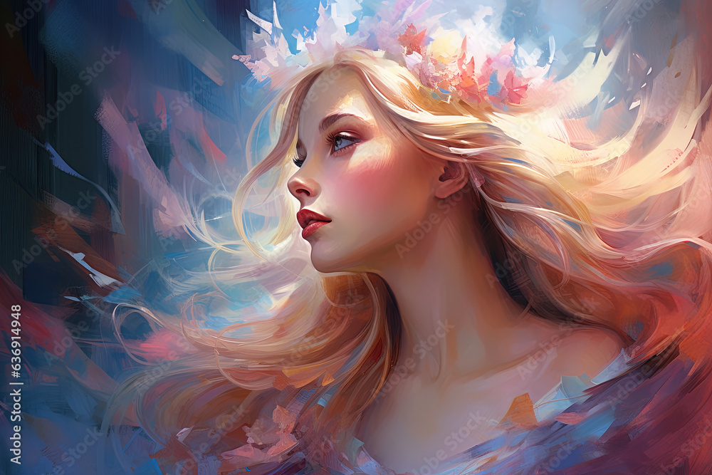 Cartoon illustration of a beautiful young fantasy girl, concept digital art, wallpaper background