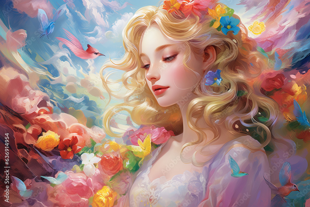Cartoon illustration of a beautiful young fantasy girl, concept digital art, wallpaper background