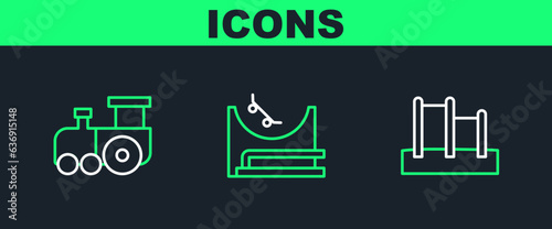 Set line Horizontal bar, Toy train and Skate park icon. Vector