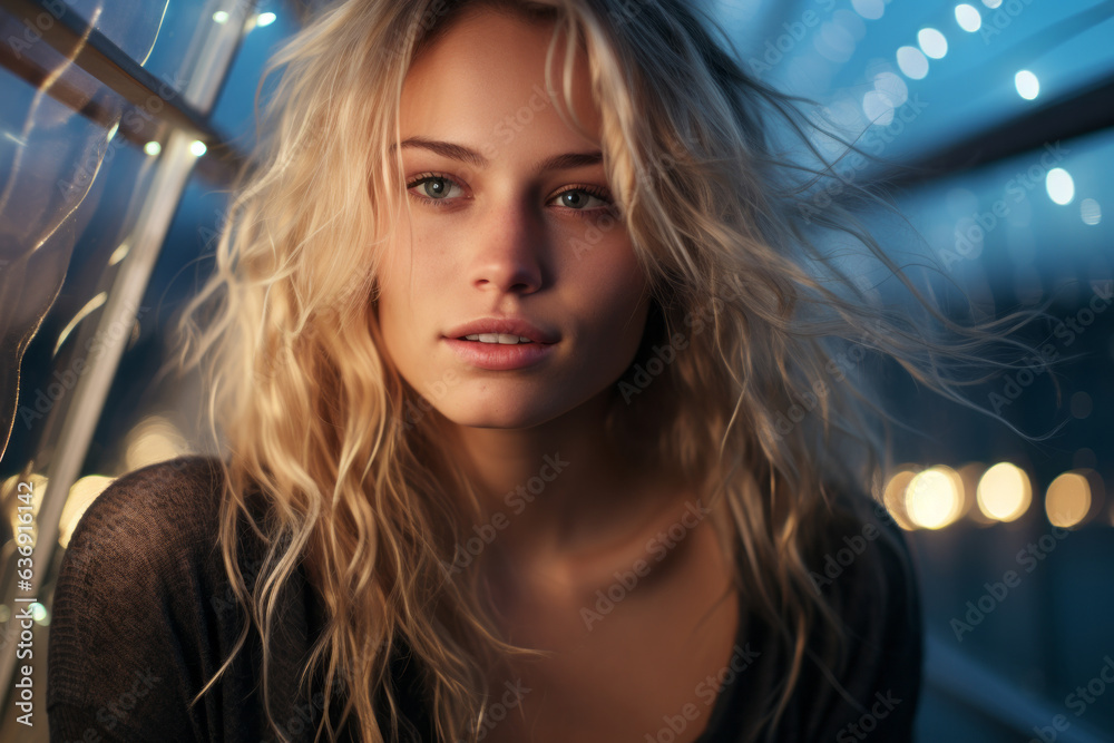 Portrait of beautiful long messy effect blonde hair young woman at night