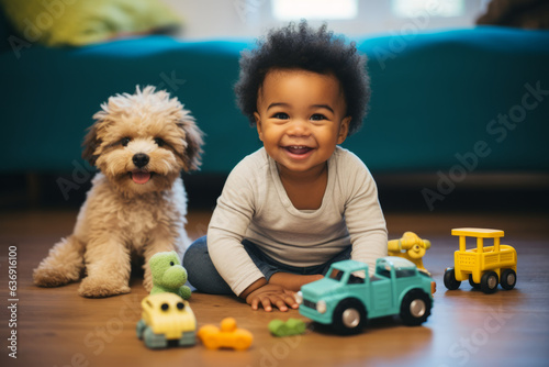 Cute little young black african american baby playing with his dog puppy and car toys at home in his house playing room