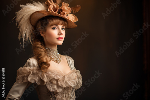 Portrait of an elegant lady, close-up, wearing Edwardian inspired gown, delicate hat with feathers, costume drama style photo