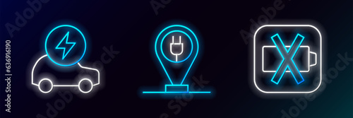 Set line Low battery, Electric car and Charging parking electric icon. Glowing neon. Vector