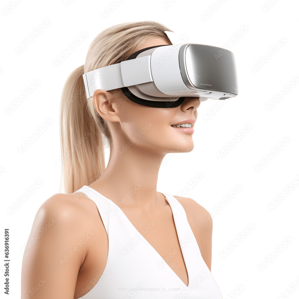 Naklejka premium Attractive blond woman wearing VR glasses, augmented reality glasses. Isolated on transparent background