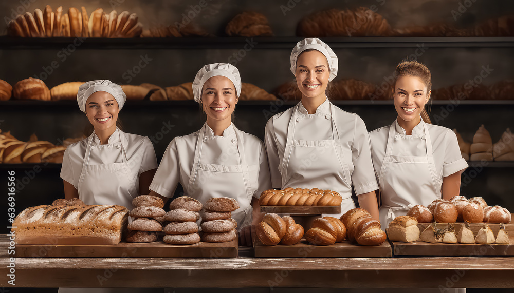 three smiling bakery workers standing next to breads