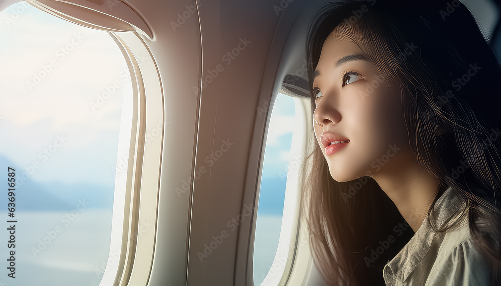 woman looking outside the window of a jet aircraft