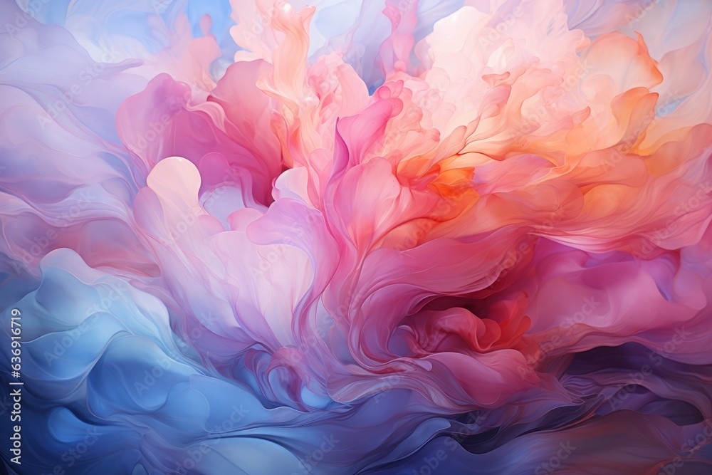 A mesmerizing dance of oil and water creates a pastel abstract background, weaving a tapestry of ethereal hues and fluid patterns that captivate the observer.

