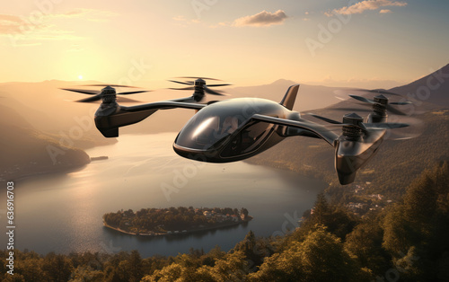 Futuristic electric vertical takeoff and landing aircraft overflying a lake. Representation of an eVTOL for Advanced Air Mobility (AAM)