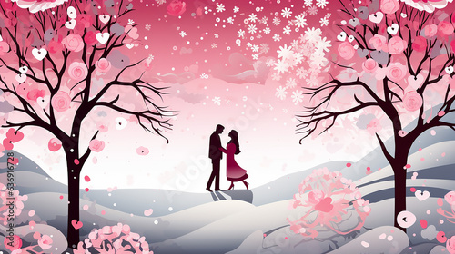 Lovers in the background of the winter landscape. Illustration Background in Papercut Style. Generative AI