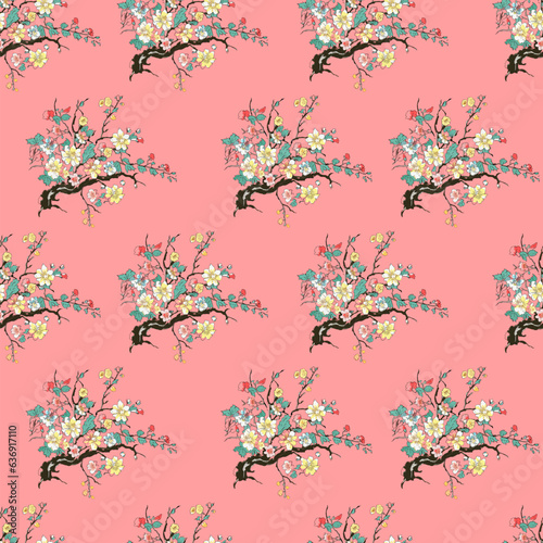 Vector seamless half-drop pattern, with flowers