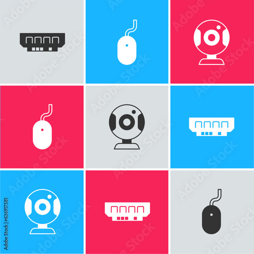 Set RAM, random access memory, Computer mouse and Web camera icon. Vector