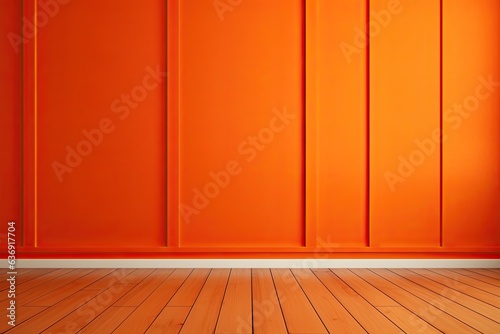 Fototapeta Orange wall background with copy space, mock up room, parquet floor