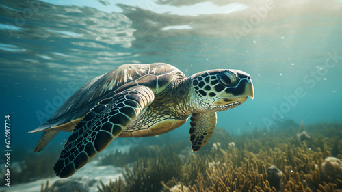 A close-up of a sea turtle. AI Generative.