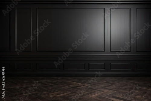 Dark brown classic wooden texture highlighted wall background with free space, mock up room, parquet floor