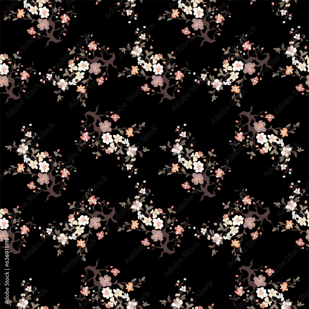 Vector seamless half-drop pattern, with flowers Vector seamless half-drop pattern, with flowers