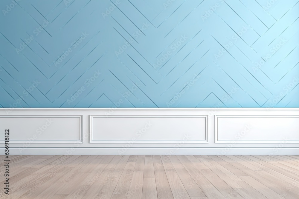Blue and white classic wall background with copy space, mock up room, brown parquet floor
