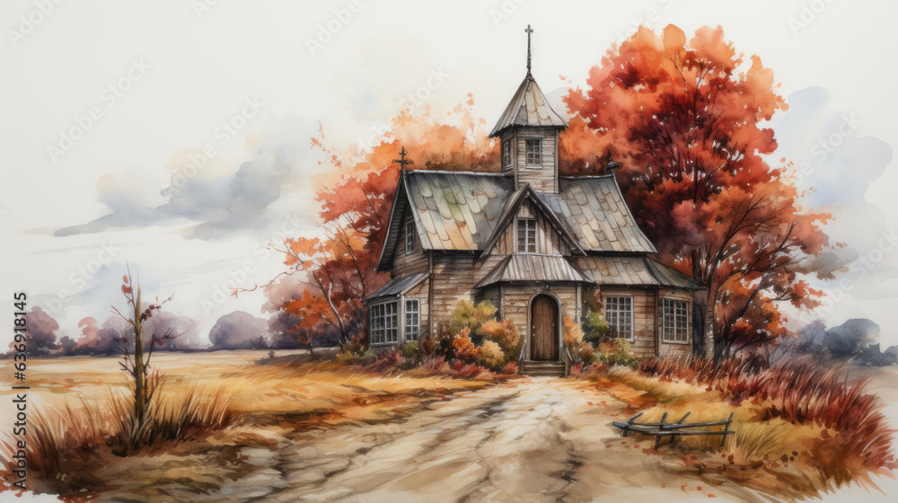 Landscape watercolor painting. Wooden church in autumn colors on a white background