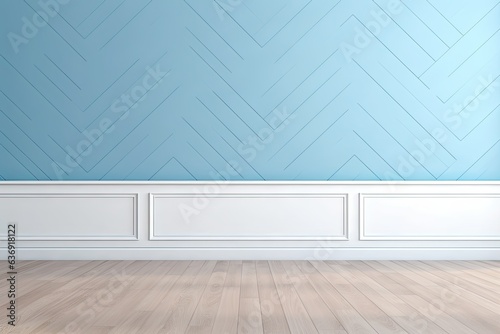 Blue and white classic wall background with copy space  mock up room  brown parquet floor
