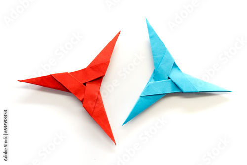 Origami Ninja 3 point star  on a white background. diy. paper craft. 