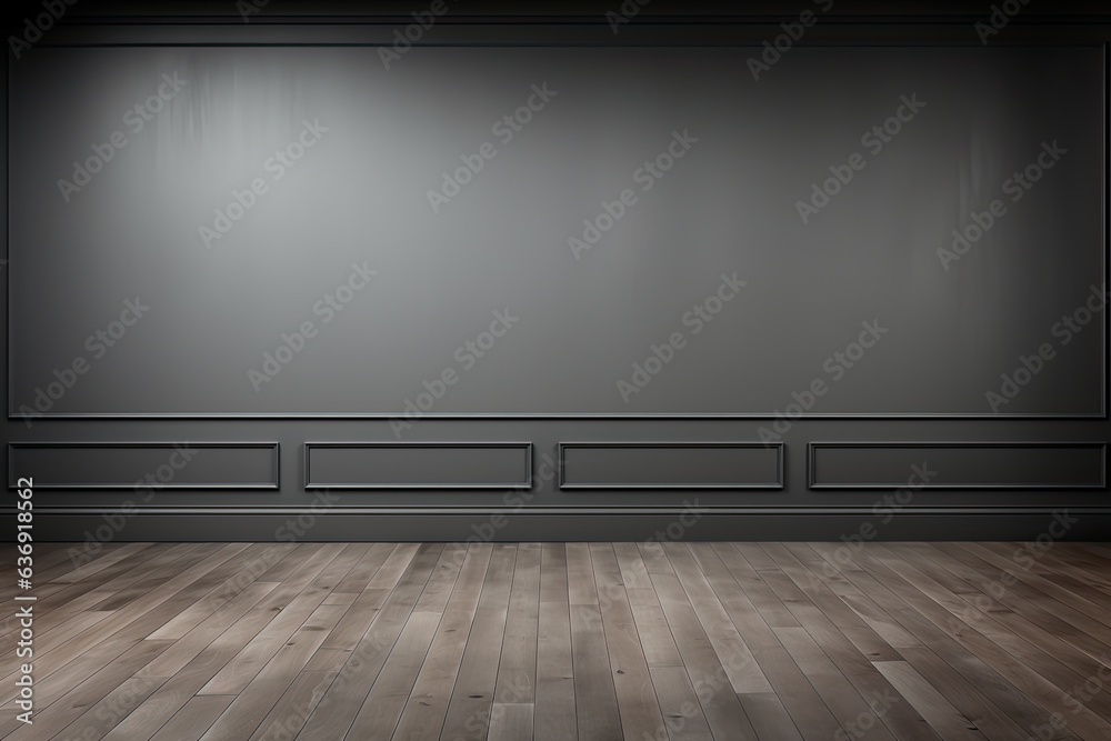 Fototapeta premium Empty Grey classic wall background with copy space, mock up room, brown parquet floor