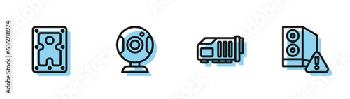 Set line Video graphic card, Hard disk drive HDD, Web camera and Case of computer icon. Vector