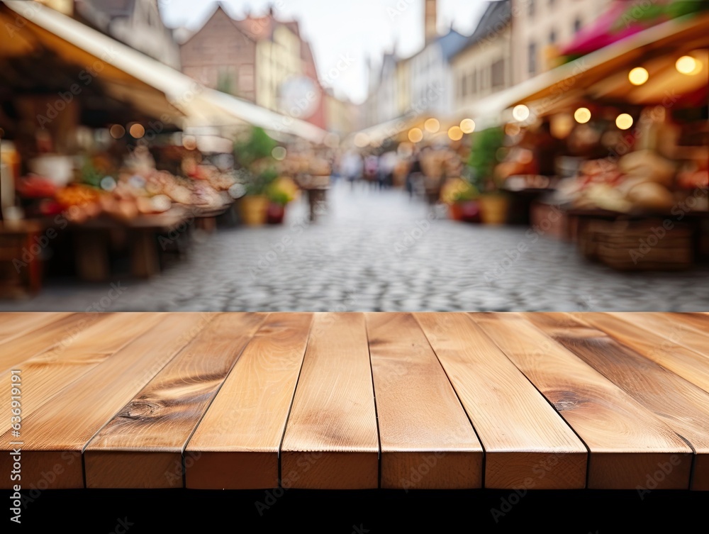 empty wooden table in modern style for product presentation with a blurred medieval market place in the background
