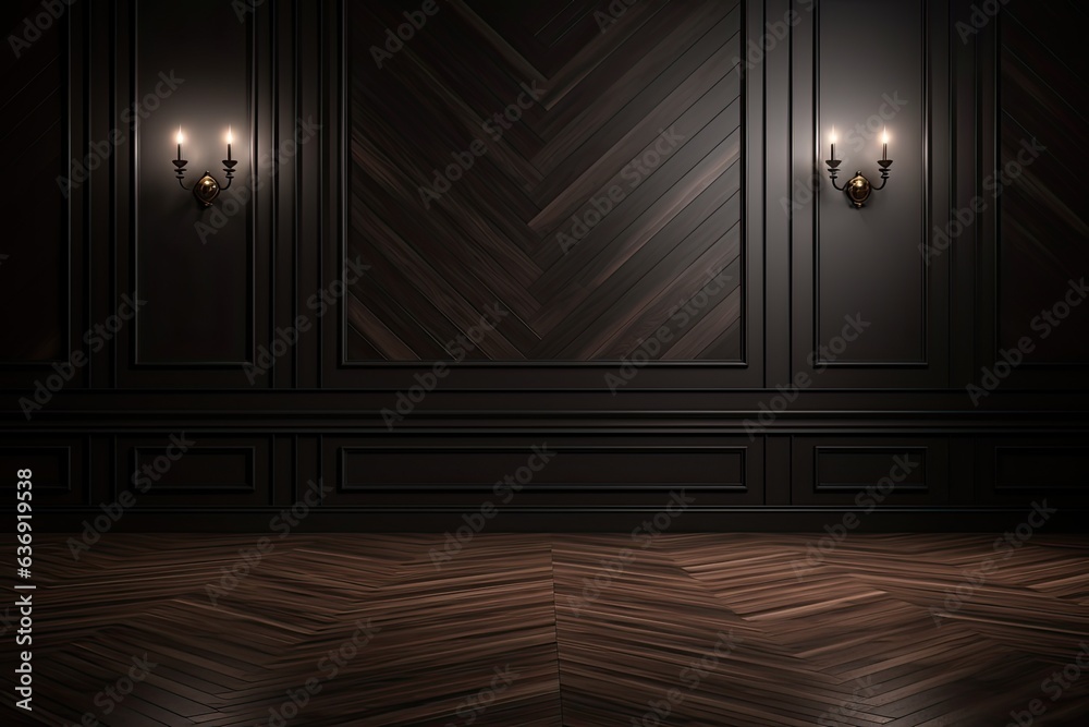 Black classic wooden highlighted wall background with lamp, sconce on the wall, mock up room, parquet floor