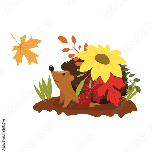 Smiling Autumn Hedgehog under pile of leaves and sunflower. Cute hedgehog illustration. Fun Fall illustration