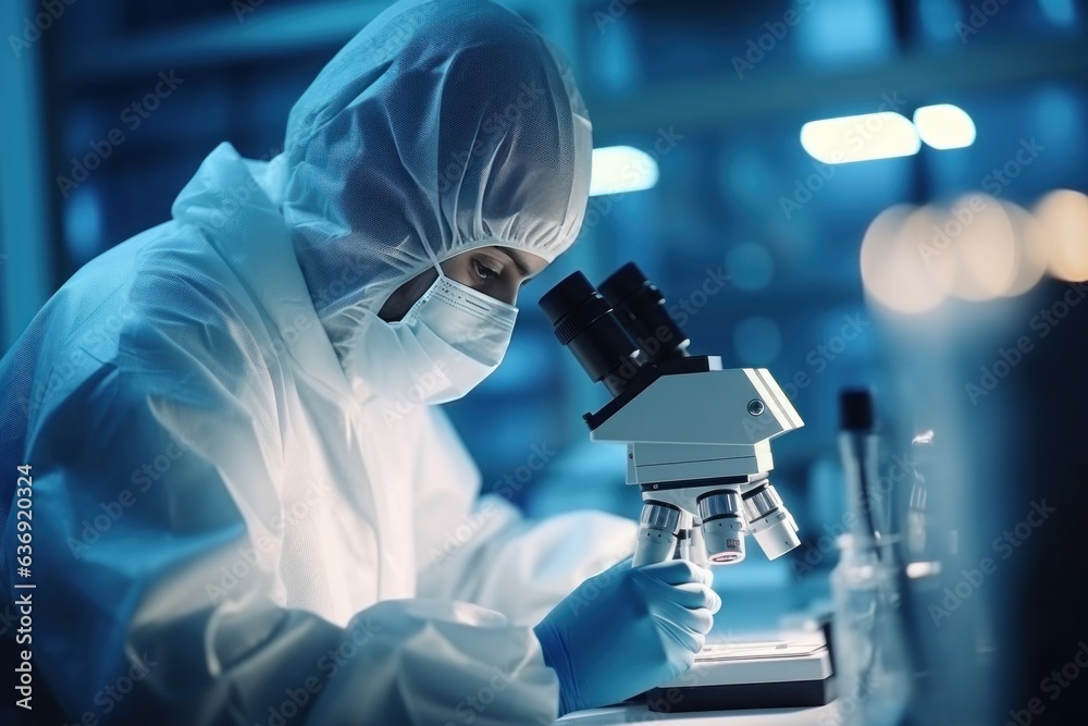 A scientist in a protective suit and masks works in a research laboratory using laboratory equipment: microscopes, test tubes. A scientist in a protective suit and masks works in a research laboratory using laboratory equipment: microscopes, test tubes.