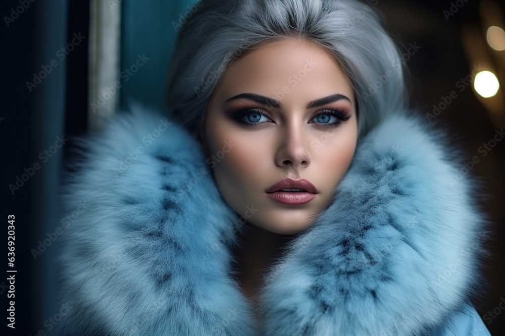 woman in luxurious fur coat. Fashion model girl in blue fox fur coat. Perfect makeup and accessories. Beautiful luxury winter lady. Generative AI